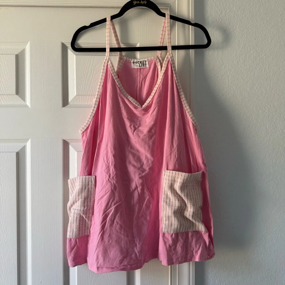 BUCKETLIST Pink Sleeveless Top with Checkered Pockets - Picture 1 of 8